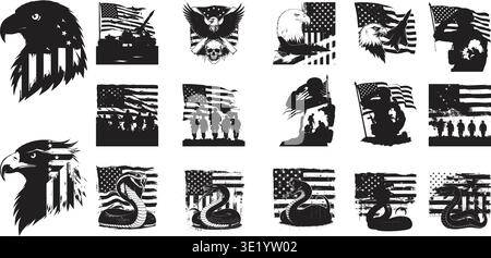 USA flag military eagle soldier snake silhouettes patriotic vector bundle American army war tribute design collection vintage style set Stock Vector