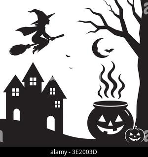 Flying Witch Broomstick Cauldron Haunted House Pumpkin Halloween Night Silhouette Stock Vector