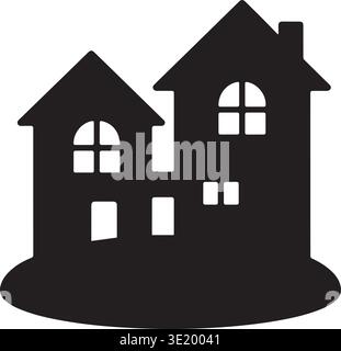 Minimalist Twin Houses Silhouette Icon With Windows On Hill Stock Vector