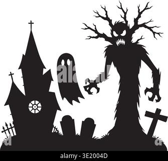 Haunted Church Graveyard With Ghost Tree Monster Silhouette Scene Stock Vector
