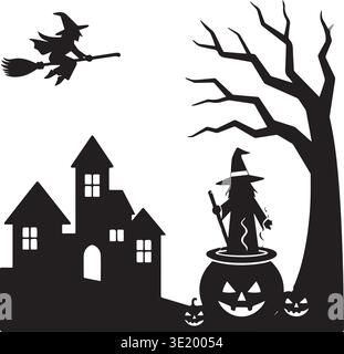 Haunted Mansion With Witches Brewing Cauldron And Flying Broomstick Scene Stock Vector