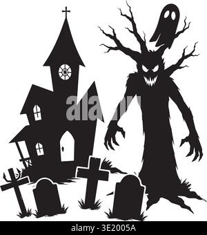 Spooky Church Graveyard With Tree Monster And Floating Ghost Stock Vector