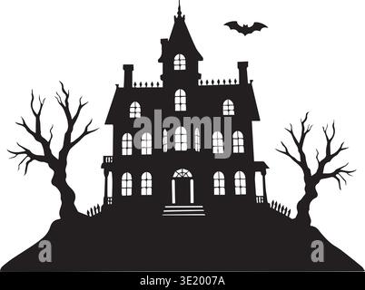 Haunted Victorian Mansion Silhouette With Bat And Dead Trees Stock Vector