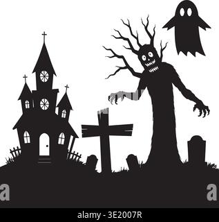 Spooky Graveyard Scene With Haunted Church Ghost Tree Monster Stock Vector