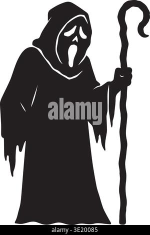 Hooded Screaming Ghost Reaper Holding Staff In Silhouette Art Stock Vector