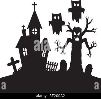 Spooky haunted church graveyard scene with tree ghosts and crosses Stock Vector