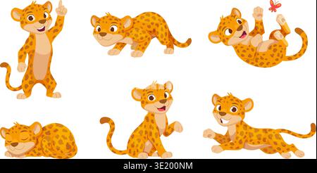 Cartoon jaguar. Walking running and jumping wild cheetah or leopard exact vector sported animal Stock Vector