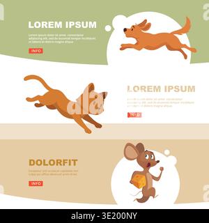 Cat and dog. playing pets on vector banners with place for text Stock Vector