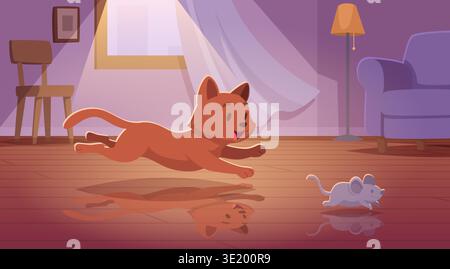 Background cat. Happy cartoon cat running exact vector illustration template Stock Vector