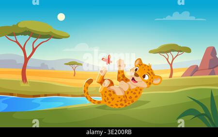 Leopard. Jungle background illustration with cartoon cheetah activity exact vector template Stock Vector