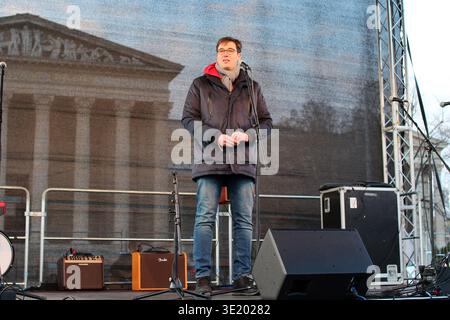 Gergely Karacsony, mayor of Budapest is giving a speech on stage on Heroes' Square in Budapest, Hungary in winter Stock Photo