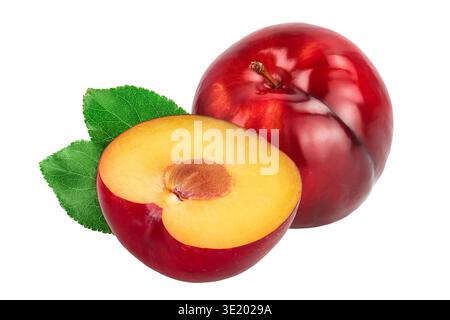 fresh red plum half with leaves isolated on white background Stock Photo