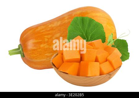 butternut squash diced in wooden bowl isolated on white background with full depth of field Stock Photo