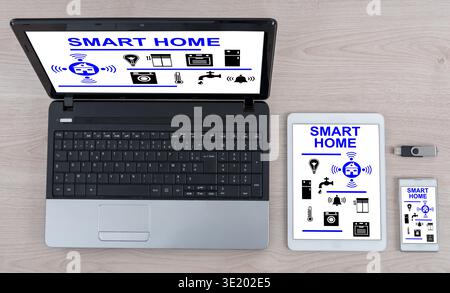 Smart home concept shown on different information technology devices Stock Photo