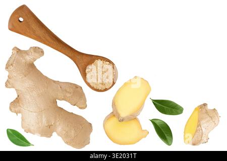 fresh ginger and ground ginger spice in wooden spoon isolated on white background. Top view with copy space for your text Stock Photo