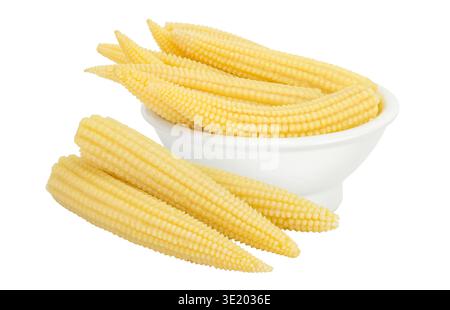 Pickled young baby corn cobs in ceramic bowl isolated on white background Stock Photo