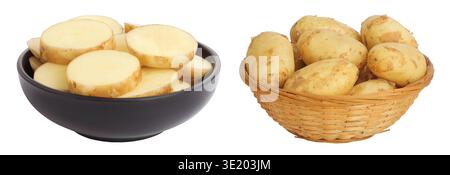 young potato slices in ceramic bowl and wicker basket isolated on white background. Harvest new Stock Photo