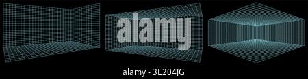3d grid black bg for ai lab game. Arcade ground perspective of blue isometric lines. Depth floor in retro y2k space. Neon vr blueprint on drawing Stock Vector