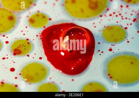 Colorful drops of yellow and red liquids sit on a smooth white surface. The red drop is larger and surrounded by smaller yellow dots in a bright setti Stock Photo