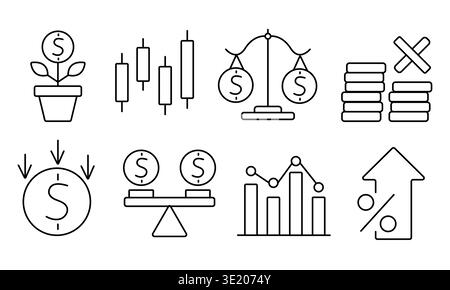 Market volatility. Economic growth and recession cycles, profit and loss display. Icon set for presentations, reports, training. Stock Vector