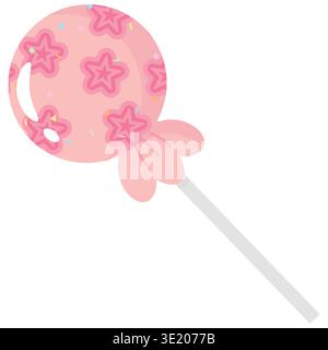 Pink round lollipop with star pattern and sprinkle details. Sweet candy icon for birthday party, kids design, sticker, and dessert shop branding. High Stock Vector