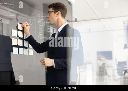 Young businessman writes new ideas or updates on sticky notes Stock Photo