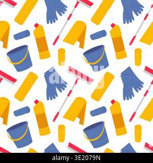 Office floor cleanliness: seamless pattern with cleaning products, wet floor sign floor cleaning equipment. Repeated background. Stock Vector