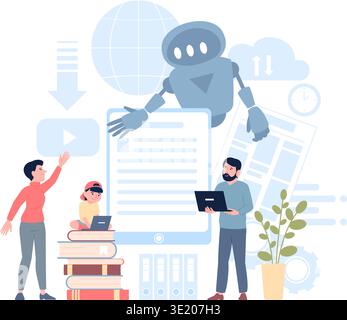 Study with ai. Child adults studying with robot, android teacher. Modern education system, robots interacting and technologies using, recent vector Stock Vector