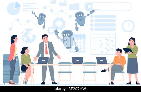 Work process with ai. Android help office workers with working. Robot helpers, time management and brainstorming. Digital assistance, recent vector Stock Vector
