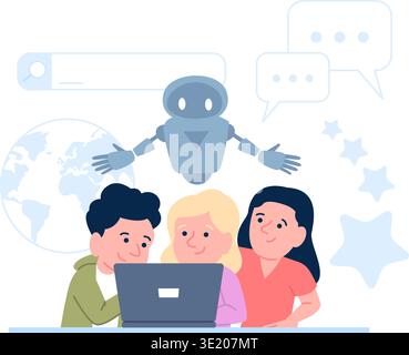 Children chatting with ai chat bot. Kids using artificial intelligence for internet surfing, looking answers, problem solution. Digital tech in Stock Vector