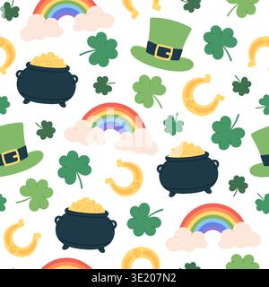 St. Patricks day seamless pattern. Ireland symbols, festive elements clover, green shamrock, hat and rainbow. Holiday print template, racy vector Stock Vector