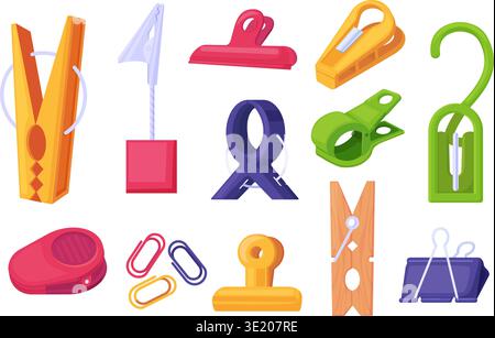 Clip holders. Cartoon office clips for paper and documents, wooden plastic clothe pins. Metal clamp, frip and clutch. Stationery nowaday vector Stock Vector
