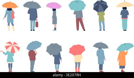 Stand with umbrella. Autumn spring characters holding different umbrellas. Flat men women standing under rain, back view, recent vector set Stock Vector