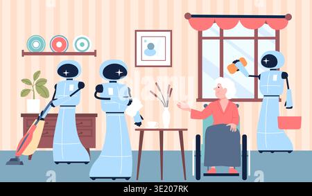 Ai clean home. Robots helps old lady, washing windows in apartments, giving tea, vacuum cleaning. Modern technologies for social help, recent vector Stock Vector