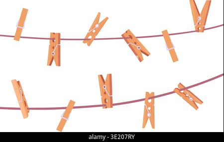 Clothespin on ropes. Wooden clothespins hanging on clothesline. Holders for clean clothes. Laundry accessories, air drying clothes, photo design Stock Vector