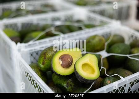 Two halves of ripe hass avocado on box with selected avocados Stock Photo