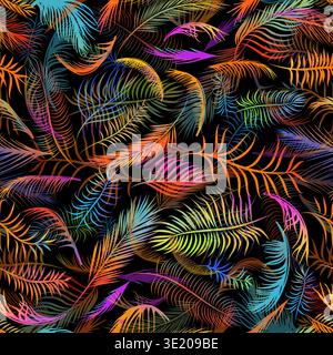 Tropical palm leaves, jungle leaves. Seamless pattern with colored palm leaves on a black background. Hand drawn. Not AI, vector illustration. Stock Vector