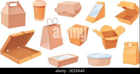 Delivery cardboard bags. Takeaway food box, paper bag burger sandwich snack plastic craft package coffee cup pizza takeout lunch boxes containers cartoon neat vector illustration original artwork Stock Vector