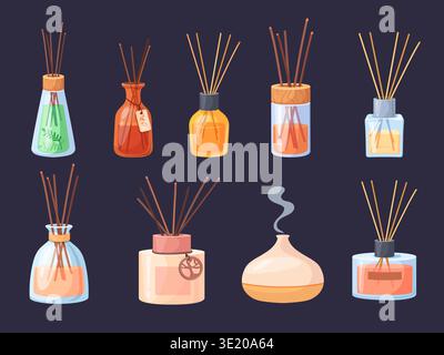 Aroma diffuser. Reed diffusers stick, perfume oil glass bottle scent spa aromatherapy wellness relax aromatic smell home room house freshener cartoon set neat vector illustration original artwork Stock Vector