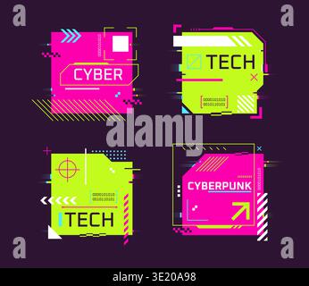 Cyber tech boxes. Cyberpunk hexagon shape frame, digital technology glitch banner ui hud element pattern geometric title neon purple abstract futuristic set vector illustration original artwork Stock Vector