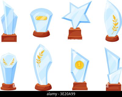 Glass trophy cups. Winner awards ceremony acrylic trophies on base, win celebration crystal prize sport music movie reward triumph competition certificate, neat vector illustration original artwork Stock Vector