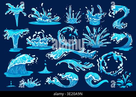 Cartoon water splashes. Wave splash liquid drop sea droplet blue fluid drip spray ocean foam fountain flow effect abstract flowing rain splatter shape ingenious vector illustration original artwork Stock Vector
