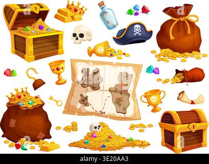 Pirate treasure set. Treasures chest, wooden box full gold coins piles jewelry medieval golden money bags old treasury pile find game map open chests ingenious vector illustration original artwork Stock Vector