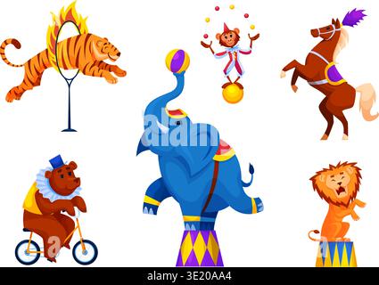 Cartoon circus animals. Carnival show animal, lion fire cute bear tiger fun elephant monkey acrobat clown ball juggler horse child birthday party qualitative vector illustration original artwork Stock Vector