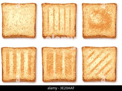 Realistic bread toasts. 3d toast slices top view, square different degree grilled toaster crispy sandwich bread bakery wheat grain crust crunchy isolated garish vector illustration original artwork Stock Vector