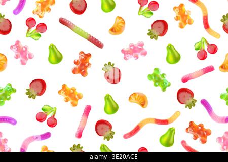 Jelly candy pattern. Realistic gummy candies seamless background, fruit sweet chewy marmalade cherry strawberry bear worms shape 3d sugar dessert snack exact vector illustration original artwork Stock Vector