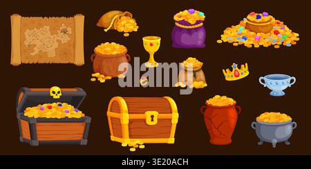 Cartoon treasure chests, piles of gold and jewels, pirate