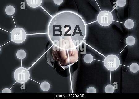 Executive businessman in suit touching B2A button in network with factory and administration icons on virtual touch screen - business to administratio Stock Photo