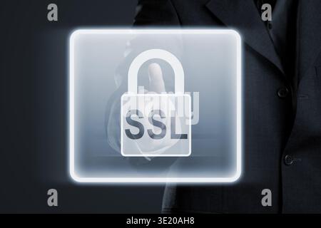 Businessman enabling ssl secure connection to internet network services - online data protection concept Stock Photo
