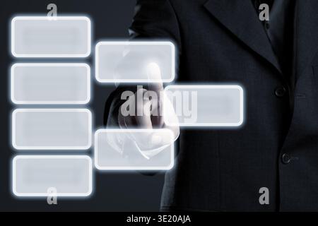 Businessman touching hierarchy infogram graphics on virtual touchscreen with copy space Stock Photo